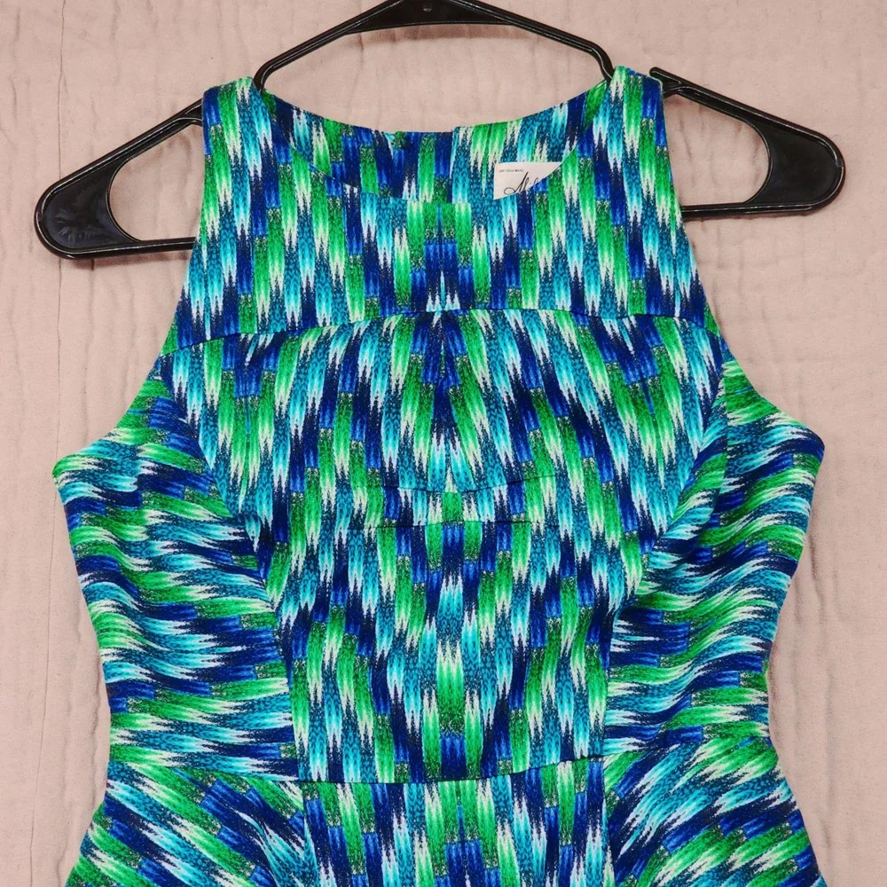 Milly Sheath Dress 2 Blue Green Abstract Peplum Geometric Sleeveless Mini Y3K